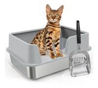 MAXTBEE Enclosed Cat Litter Box - Stainless Steel Litter Box with Scoop Kitty Litter Box with High Wall Sides Enclosure Easy to Clean Non-Stick Anti-Urine Leakage Litter Pan Tray (Side Pedal)