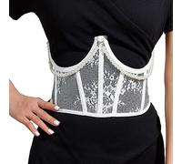 Maxtonser Delicate Female Waist Corset with Dangle Pearl Chain Waist Belt Woman Sheer Lace Pattern Waistband Corsets White
