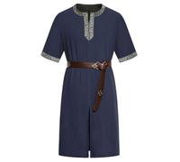 maxToonrain 2 Pcs Men's Medieval Tunic with Renaissance Belt 195CM Viking Knight Costume for Halloween Theme Party Larp Resurrection Sunday Ancient Greek Day (Navy Blue, Large)