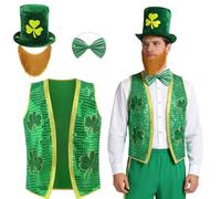 maxToonrain 4PCS St. Patrick's Day Costume Mens Sequin Shiny Vest with Green Sequined Bow Tie, Ginger Beard, Tall Shamrock Hat Adult Leprechaun Fancy Dress for Irish St. Paddy's Day (Large)