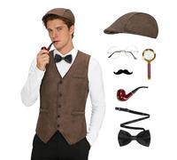 maxToonrain 7-Piece Victorian Detective Costume Set for Adult Men Waistcoat, Detective Hat, Magnifying Glass, Glasses, Mustache & Bowtie Perfect for World Book Day, Halloween, Performances(Brown, XL)