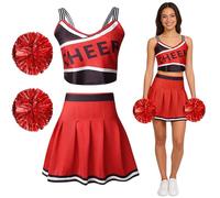 maxToonrain Cheerleader Costume Women with Pull Ring Pom Poms High School Girls Outfit Tops with Dual Strap and Skirt 3PC Cheerleading Uniform Fancy Dress Set (Red&Black, M)