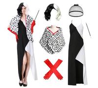 maxToonrain Cruella Deville Costume, Adult Evil Villainn Costumes Evil Dog Lady Dalmatian Cape, Red Gloves, Wigs World Book Days Fancy Dress Outfit for Womens/Ladies (5pcs,L)