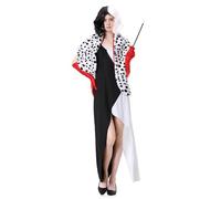 maxToonrain Cruella Deville Costume Adult Plus Size,Adult Halloween Costumes Evil Dog Lady Dalmatian Cape+Red Gloves+Wigs World Book Days Fancy Dress Outfit for Womens/Ladies(5pcs,L)