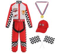 maxToonrain Deluxe Racing Driver Costume with Hat Kids F1 Driver Outfit for Halloween Role Play Christmas World Book Day (Red & White,5-6 Year)