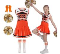 maxToonrain Girls Cheerleader Costume 5 PCS Classic Style Kids Cheerleader Outfit with Pull Ring Pom Poms, Top, Skirt, Socks and Headband for 2026 World Book Day Halloween School Events