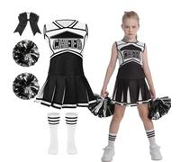 maxToonrain Girls Cheerleader Costume 5 PCS Classic Style Kids Cheerleader Outfit with Pull Ring Pom Poms, Top, Skirt, Socks and Headband for 2026 World Book Day Halloween School Events
