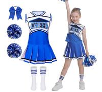 maxToonrain Girls Cheerleader Costume 5 PCS Classic Style Kids Cheerleader Outfit with Pull Ring Pom Poms, Top, Skirt, Socks and Headband for 2026 World Book Day Halloween School Events(Blue, 3-4Y)