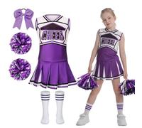 maxToonrain Girls Cheerleader Costume 5 PCS Classic Style Kids Cheerleader Outfit with Pull Ring Pom Poms, Top, Skirt, Socks and Headband for 2026 World Book Day Halloween School Events(Purple, 8-9Y)