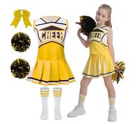 maxToonrain Girls Cheerleader Costume 5 PCS Classic Style Kids Cheerleader Outfit with Pull Ring Pom Poms, Top, Skirt, Socks and Headband for 2026 World Book Day Halloween School Events
