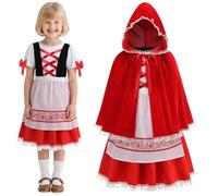 maxToonrain Girls Little Red Riding Hood Costume 3 Pcs Kids Fairy Tale Fancy Dress Apron Red Hoode Cape for World Book Day Halloween Christmas (Two Bowknots, Medium)