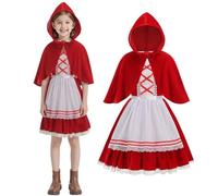 maxToonrain Girls Little Red Riding Hood Costume 3 Pcs Kids Fairy Tale Fancy Dress Apron Red Hoode Cape for World Book Day Halloween Christmas (White Lace, Large)