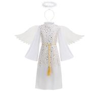 maxToonrain Kids Angel Costume with White Wing Halo Gold Stars 4PCS Angel Dress Age 3-12 Year Old Girls Nativity Fancy Dress for Christmas Halloween World Book Day (Medium,120 CM)