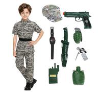 maxToonrain Kids Army Costume Boys Short Sleeved Camouflage Military Uniform 4-14 Ages Children Soldiers Costume for Halloween Jungle War Pretend Play School Book W ray Green 11Pcs, L)