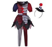 maxToonrain Kids Clown Costume Halloween Scary Creepy Chucky Joker Costume for Girls Age 3-12, Includs Dress, Trousers, Clown Headband (Red & Blue, X-Large)