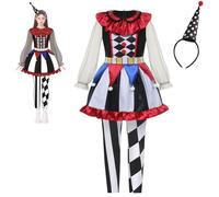 maxToonrain Kids Clown Costume Halloween Scary Creepy Chucky Joker Costume for Girls Age 3-12, Includs Dress, Trousers, Clown Headband (Gauze Sleeve Dress, Medium)