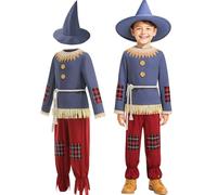 maxToonrain Kids Scarecrow Costume with Straw Hat- Scary Set with Accessories,Halloween Scarecrow Outfit for World Book Day(Blue，XL10-12Y)