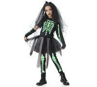 maxToonrain Kids Skeleton Ghost Bride Costumes Girls Halloween Grow In The Dark Scary Zombie Corpse Bride Fancy Dress with Veil (6-8 Year, Medium)
