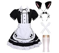 maxToonrain Maid Costume Accessories,Women's Fancy Dress Anime Halloween Cosplay Party Cute Lolita French Apron+Cat Ear Maid Outfit Set for Womens Girls(Black 7pcs,S)