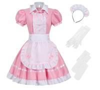 maxToonrain Maid Costume Accessories,Women's Fancy Dress Anime Halloween Cosplay Party Cute Lolita French Apron+Cat Ear Maid Outfit Set for Womens Girls(Pink 6pcs,XS)