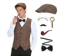 maxToonrain Men's Sherlock Holmes 7-Piece Costume Kit - Multi-Color for Halloween/Performance(light brown,L)