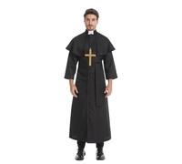 maxToonrain Priest Costume Large,Mens Priest Fancy Dress Classical Catholic Black Monk Robe with Shawl+Gold Cross Halloween Vicar Costumes for Men(Black,L)