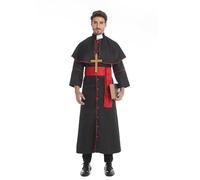 maxToonrain Priest Costume,Mens Priest Fancy Dress Classical Catholic Black Monk Robe with Shawl+Gold Cross Halloween Vicar Costumes for Men(Black Red,2XL)