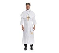 maxToonrain Priest Costume Xxl,Mens Priest Fancy Dress Classical Catholic Black Monk Robe with Shawl+Gold Cross Halloween Vicar Costumes for Men(White,M)