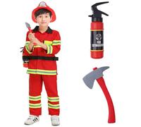 maxToonrain Red Kids Fireman Costume Set 7 Pcs Boys and Girls Fire Fighter Costume with Firefighter Toy Accessories for Halloween Christmas World Book Day Children's Day (4-5Y)