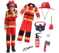 maxToonrain Red Kids Fireman Costume Set 9 Pcs Boys and Girls Fire Fighter Costume with Firefighter Toy Accessories for Halloween Christmas World Book Day Children's Day (4-5Y)