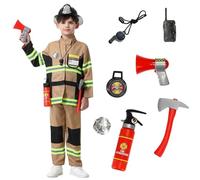 maxToonrain Tan Kids Fireman Costume Set 11 Pcs Boys and Girls Fire Fighter Costume with Firefighter Toy Accessories for Halloween Christmas World Book Day Children's Day (2-3Y)