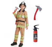 maxToonrain Tan Kids Fireman Costume Set 7 Pcs Boys and Girls Fire Fighter Costume with Firefighter Toy Accessories for Halloween Christmas World Book Day Children's Day (4-5Y)