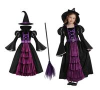 maxToonrain Witch Costume Kids Black and Purple Puff Sleeves with Witch Broom Halloween Costumes for 4-12 Yrs Girls (8-10 Yrs, Large)