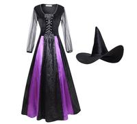 maxToonrain Witch Costumes for Women Plus Size,Ladies Halloween Costumes Cosplay Party Wicked Witch Hat Dresses Outfits Fancy Dress for Womens(Purple Lace,M)
