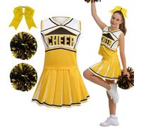 maxToonrain Women Cheerleader Costume 5 PCS Classic Style Adults Cheerleader Outfit with Pom Poms, Top, Skirt, Stockings and Headband for 2026 High School Musical Events Halloween (Yellow, M)
