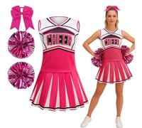 maxToonrain Women Cheerleader Costume 5 PCS Classic Style Adults Cheerleader Outfit with Pom Poms, Top, Skirt, Stockings and Headband for 2026 High School Musical Events Halloween (Pink, XS)