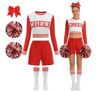 maxToonrain Women Cheerleader Costume 5 PCS Long Sleeved Ladies Cheerleader Outfit with Pull Ring Pom Poms, Top, Shorts, Socks and Headband for 2026 High School Musical Events Halloween (Red, M)