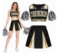 maxToonrain Women Cheerleader Costume with Shiny Gold Accents 3 PCS Adults Cheerleader Outfit with Pom Poms, Top, Skirt for 2026 High School Musical Events Halloween (Black,L)