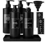 Maxumille 4Pcs 500ml Soap Dispenser with Tray, Black Empty Shampoo and Conditioner Dispenser for Bathroom, Reusable Plastic Soap Lotion Pump Bottles for Body Wash, Refillable Shower Gel Bottles