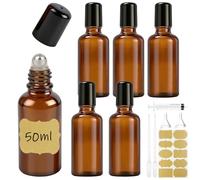 Maxumille 6 Pcs 50ml Roller Bottles for Essential Oils, Glass Roll on Bottles with Stainless Steel Roller Balls, Refillable Amber RollerBall Applicator for Perfumes, Cosmetics, Aromatherapy Massage