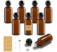 Maxumille 8 Pcs Amber Glass Bottles, 50ml Essential Oil Bottle with Screw Caps with Syringe Sticker, Empty Refillable Travel Liquid Dropper Bottles, Amber Sample Vial for Oils Perfume Aromatherapy