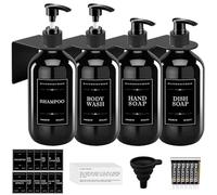 Maxumille Wall Mounted Refillable Soap Dispenser Shampoo and Conditioner Dispenser Set, 4-Pack 500ml Black Pump Bottles for Bathroom Shower, Includes Folding Funnel & Waterproof Labels