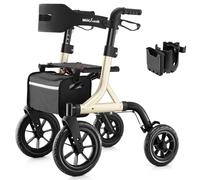 MAXWALK Rollator Walker for Seniors - 12" Big Rubber Wheels All Terrain Outdoor Rolling Walker with Breathable Mesh Backrest, Built-in Cable, Cup Holder, Height Adjustment for 5-6.5ft, Gold