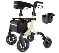MAXWALK Walkers for Seniors, Walker with Seat, 10" Rubber Wheels for All Terrain, with Backrest, Built-in Cable, Foldable and Height Adjustment for Seniors, Gold