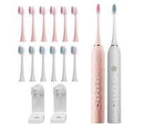 MAXWISDOM 2 Pcs Toothbrush Electric with Holders, 12 Sonic Toothbrush Heads Replacement, 6 Modes, IPX7 Waterproof, Smart Timer, 2 Hours Charge for 60 Days (Pink & White)