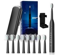 MAXWISDOM Rechargeable Electric Toothbrush, 8 Brush Heads, with 100 Day Battery Life, 5 Cleaning Modes, Fast Type-C Charging, Comes with Portable Travel Case & Holder, Black