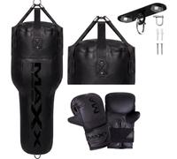 MAXX 4FT Angled Uppercut Heavy Punch Bag (Filled) - Boxing Body Bag for Uppercuts & Hooks, Durable Rexine Leather, Approx. 25kg, Zip-Top Adjustable Filling (MAT BLACK, 6PCS SET WITH HOOK)