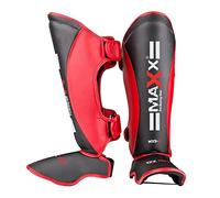 MAXX Adult Maya Grain Leather Boxing Shin Guard Instep Pad Leg Protectors Support Martial Arts (Black Red, XL)