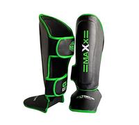 MAXX Adult Premium Maya Grain Leather Boxing Shin Guards, Ultimate Instep Pad Leg Protectors for Martial Arts Support (BLACK GREEN, M)