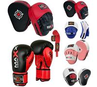 Maxx BOXING GLOVES & LEATHER CURVED FOCUS PADS BLUE WHITE HAND WRAPE MMA Boxing PINK (Red & Black, 4oz)